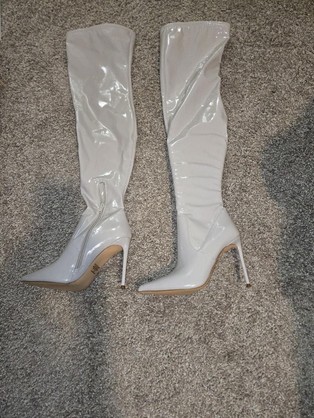 Steve Madden Patent Knee High Stiletto Boots Gray Pointed Toe